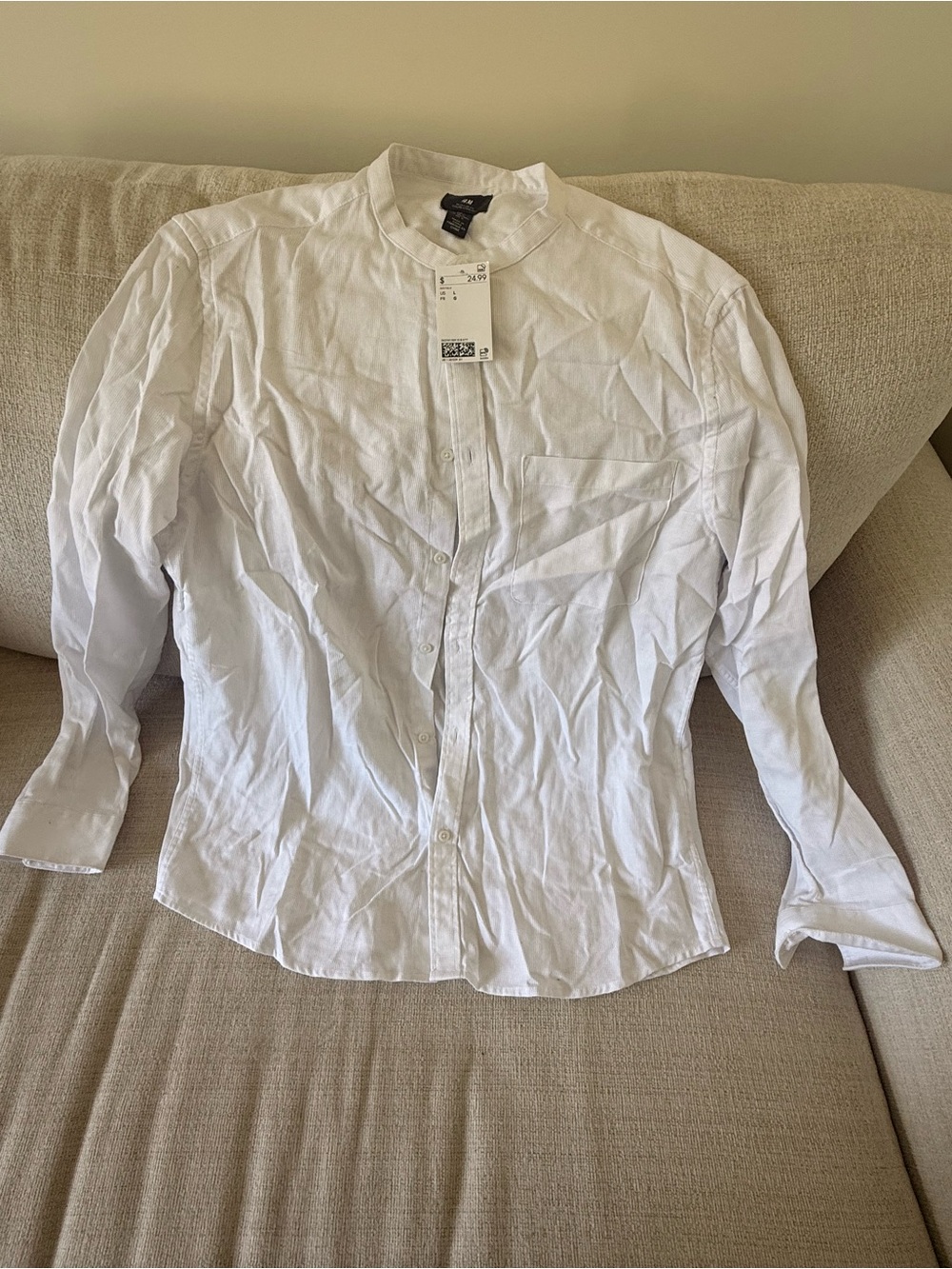 H&M White Band-Collar Casual Button-Down Shirt